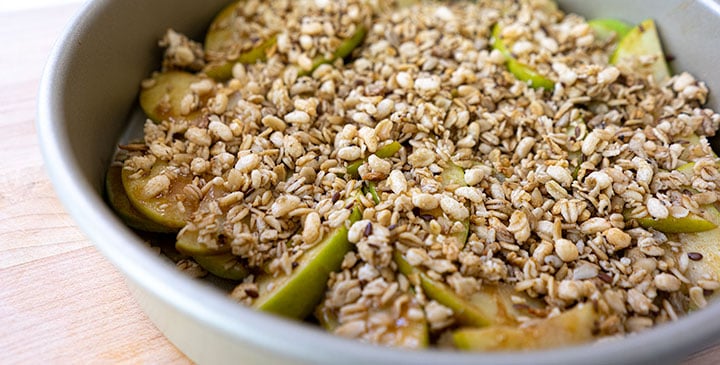 easy apple crisp recipe in baking dish 