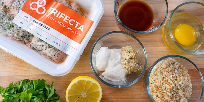 Ingredients for salmon cakes mise en place