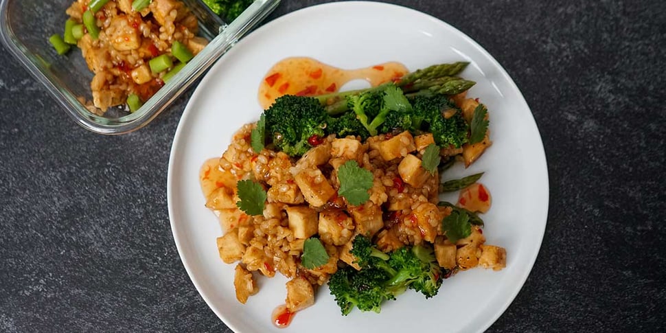 easy sweet and sour shrimp recipe plated on a white round plate 