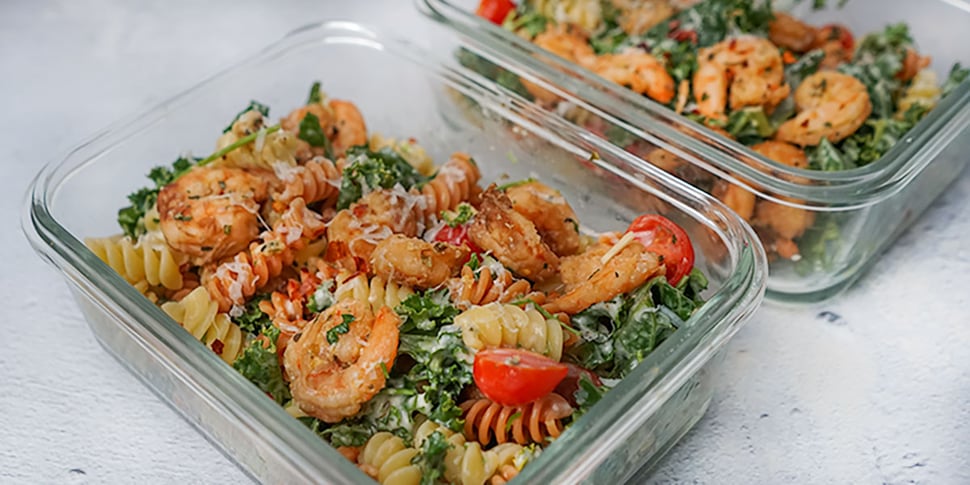 shrimp pasta salad in meal prep container 